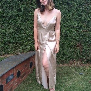 BCBG Champagne Gold Silk Wrap Maxi Gown deep V